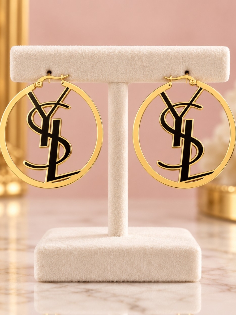 Gold Hoops with Black Monogram